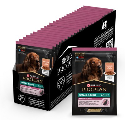 PRO PLAN® Влажный корм для взрослых собак мелких и карликовых пород с чувствительной кожей с лососем в соусе 85 гр