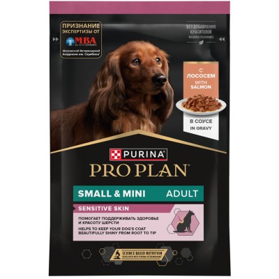 PRO PLAN® Влажный корм для взрослых собак мелких и карликовых пород с чувствительной кожей с лососем в соусе 85 гр