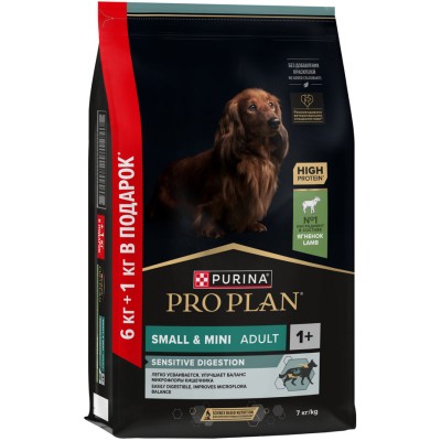 PRO PLAN® Сухой корм для взрослых собак мелких и карликовых пород с чувствительным пищеварением с высоким содержанием ягненка 6 кг + 1 кг в подарок