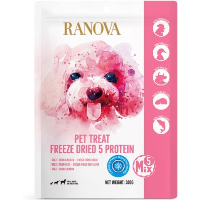 Ranova Лакомство для собак сублимированное мясное ассорти:  куриная грудка, утиная грудка, говядина, говяжья печень, лосось 300 гр