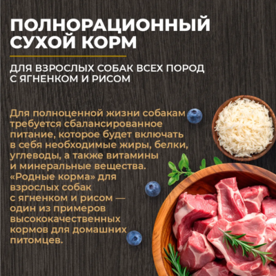 Родные корма сухой корм для взрослых собак с ягненком и рисом 2 кг