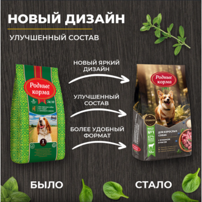 Родные корма сухой корм для взрослых собак с ягненком и рисом 12 кг