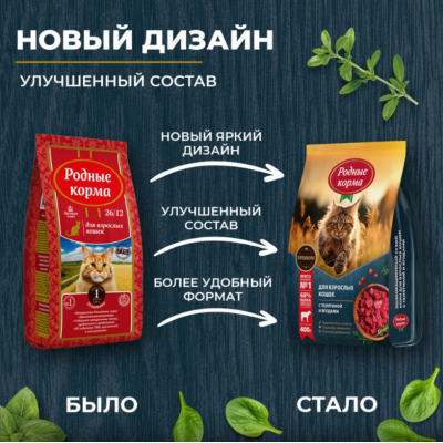 Родные корма сухой корм для взрослых кошек с телятиной и ягодами 400 гр.