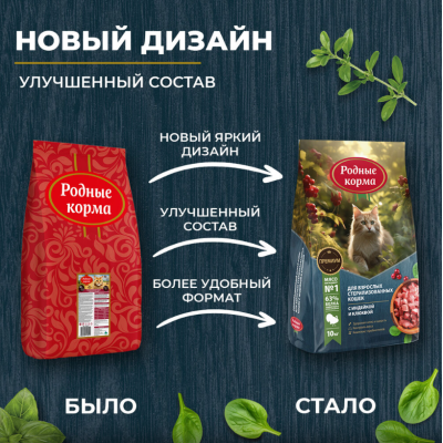 Родные корма сухой корм для взрослых стерилизованных кошек с индейкой и клюквой 10 кг