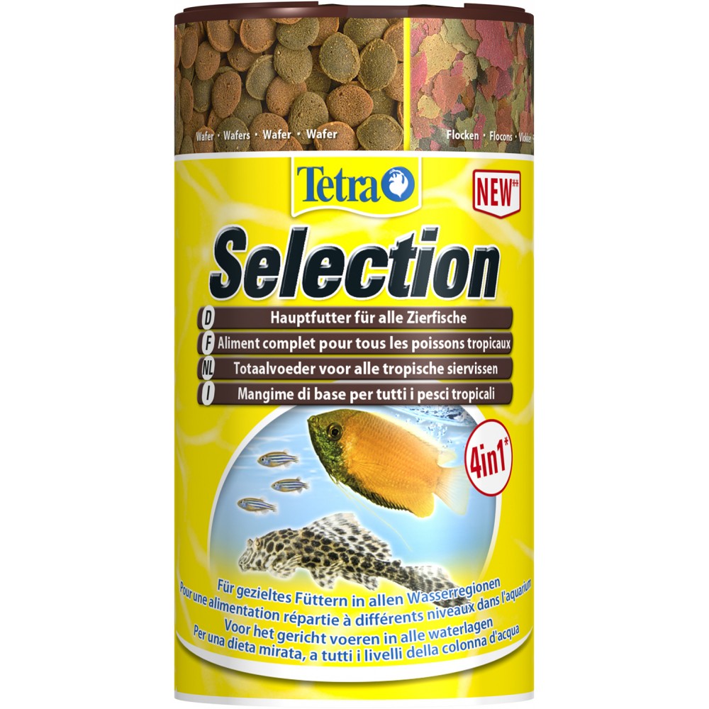 TetraSelection корм для всех видов рыб "4 вида" хлопья/чипсы/гранулы 250 мл.