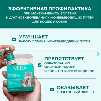 Veda Фитодиета Котэрвин для профилактики и лечения урологического синдрома и мочекаменной болезни у кошек 3 фл 10 мл