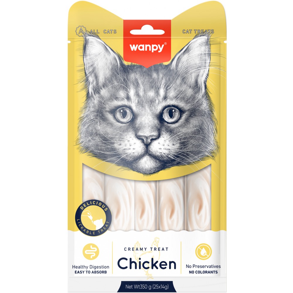 Wanpy Cat Лакомство для кошек нежное пюре из курицы 25 шт х14 гр.