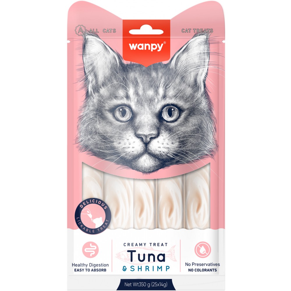 Wanpy Cat Лакомство для кошек нежное пюре из тунца и креветками 25 шт х14 гр.