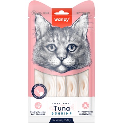 Wanpy Cat Лакомство для кошек нежное пюре из тунца и креветками 25 шт х14 гр.