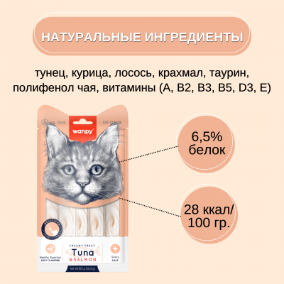 Wanpy Cat Лакомство для кошек нежное пюре из тунца и лосося 25 шт х14 гр.