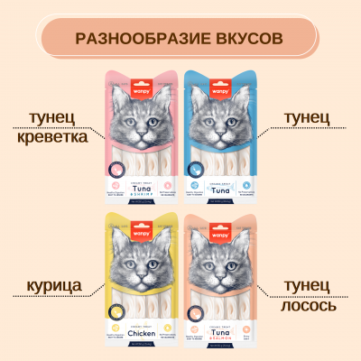 Wanpy Cat Лакомство для кошек нежное пюре из тунца и лосося 25 шт х14 гр.