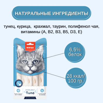 Wanpy Cat Лакомство для кошек нежное пюре из тунца 25 шт х14 гр.