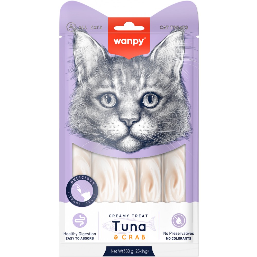 Wanpy Cat Лакомство для кошек нежное пюре из тунца и краба 25 шт х14 гр.