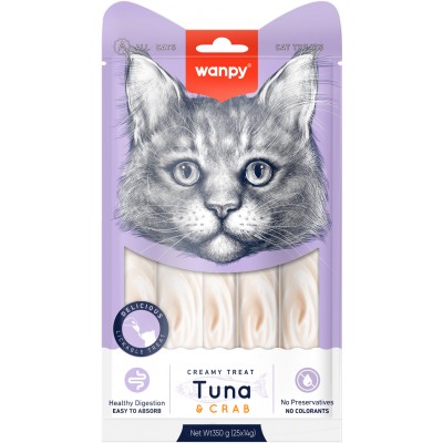 Wanpy Cat Лакомство для кошек нежное пюре из тунца и краба 25 шт х14 гр.