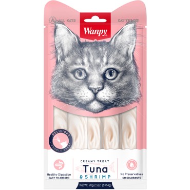 Wanpy Cat Лакомство для кошек «нежное пюре» из тунца и креветок 70 г