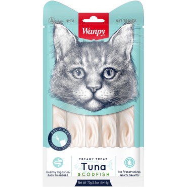 Wanpy Cat Лакомство для кошек «нежное пюре» из тунца и трески 70 г