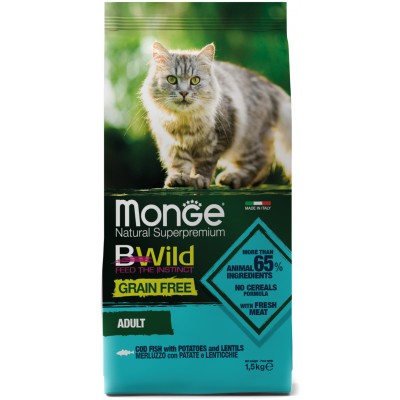  Monge Cat BWild GRAIN FREE беззерновой корм из трески для взрослых кошек 1,5 кг.