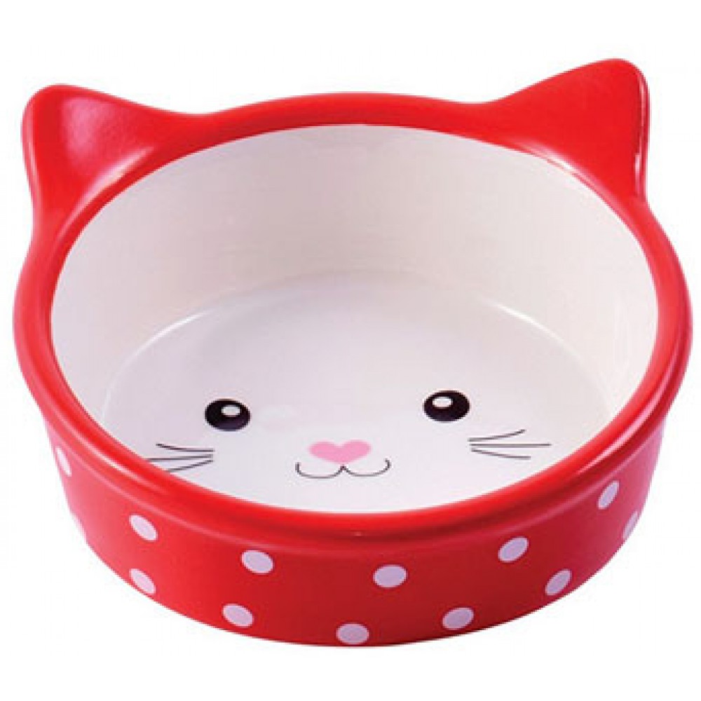 Mr.Kranch миска керамическая для кошек 250 мл. Мордочка кошки красная в горошек