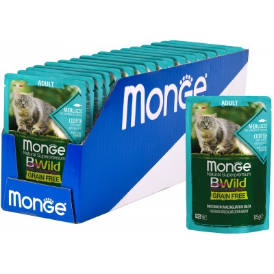 Monge Cat BWild GRAIN FREE паучи из трески с креветками и овощами для взрослых кошек 85 гр.