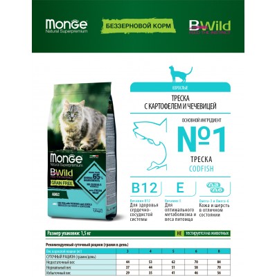  Monge Cat BWild GRAIN FREE беззерновой корм из трески для взрослых кошек 1,5 кг.