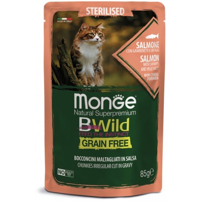 Monge Cat BWild GRAIN FREE паучи из лосося с креветками и овощами для стерилизованных кошек 85 гр.