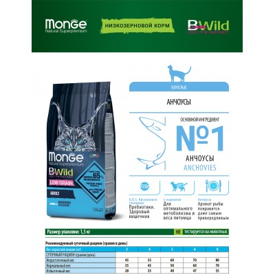 Monge BWild Cat Anchovies корм для взрослых кошек с анчоусами 1,5 кг.