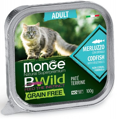 Monge Cat BWild GRAIN FREE беззерновые консервы из трески с овощами для взрослых кошек 100г