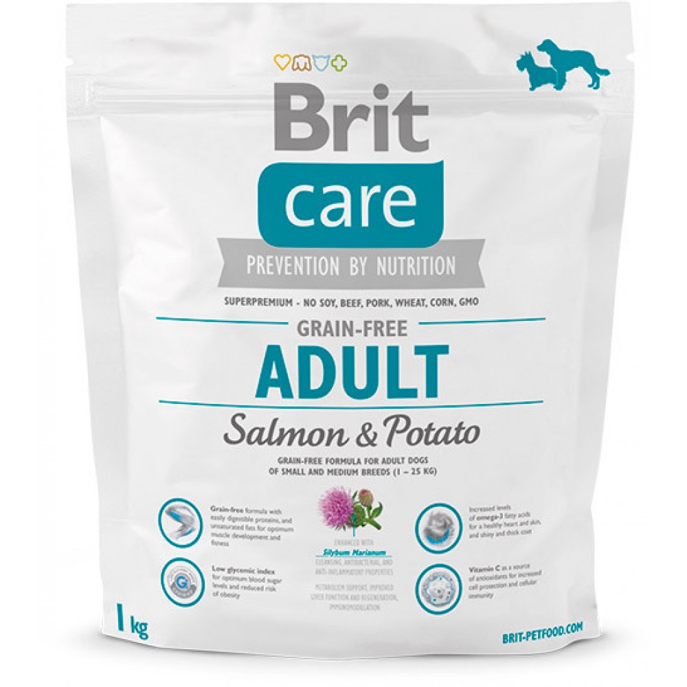 Сухой корм Brit Care Salmon & Potato Adult беззерновой для собак мелких и средних пород, лосось с картофелем, 1 кг