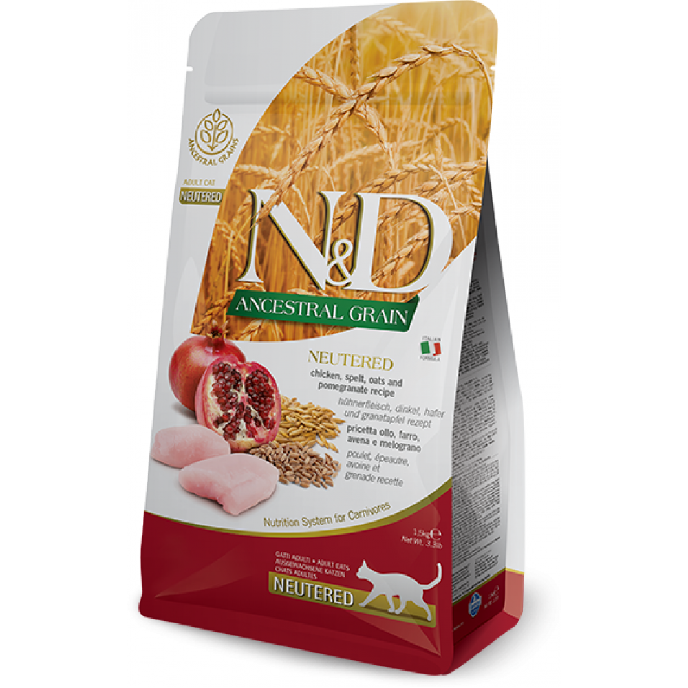 Farmina N&D Neutered Ancestral Grain Сухой корм для стерилизованных кошек и кастрированных котов низкозерновой, спельта, овес, курица, гранат, 1,5кг.