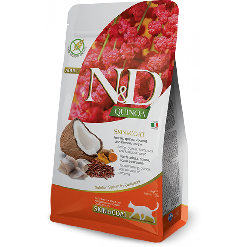 Farmina N&D Quinoa Skin&Coat  Сухой корм для кошек для здоровья кожи и шерсти беззерновой сельдь, киноа, кокос и куркума 300 гр. 