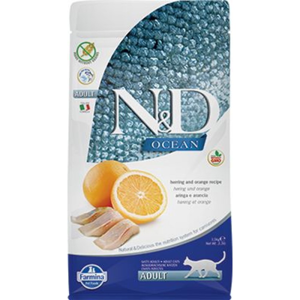 Farmina N&D Ocean Беззерновой сухой корм для взрослых кошек, сельдь и апельсин 300 гр.