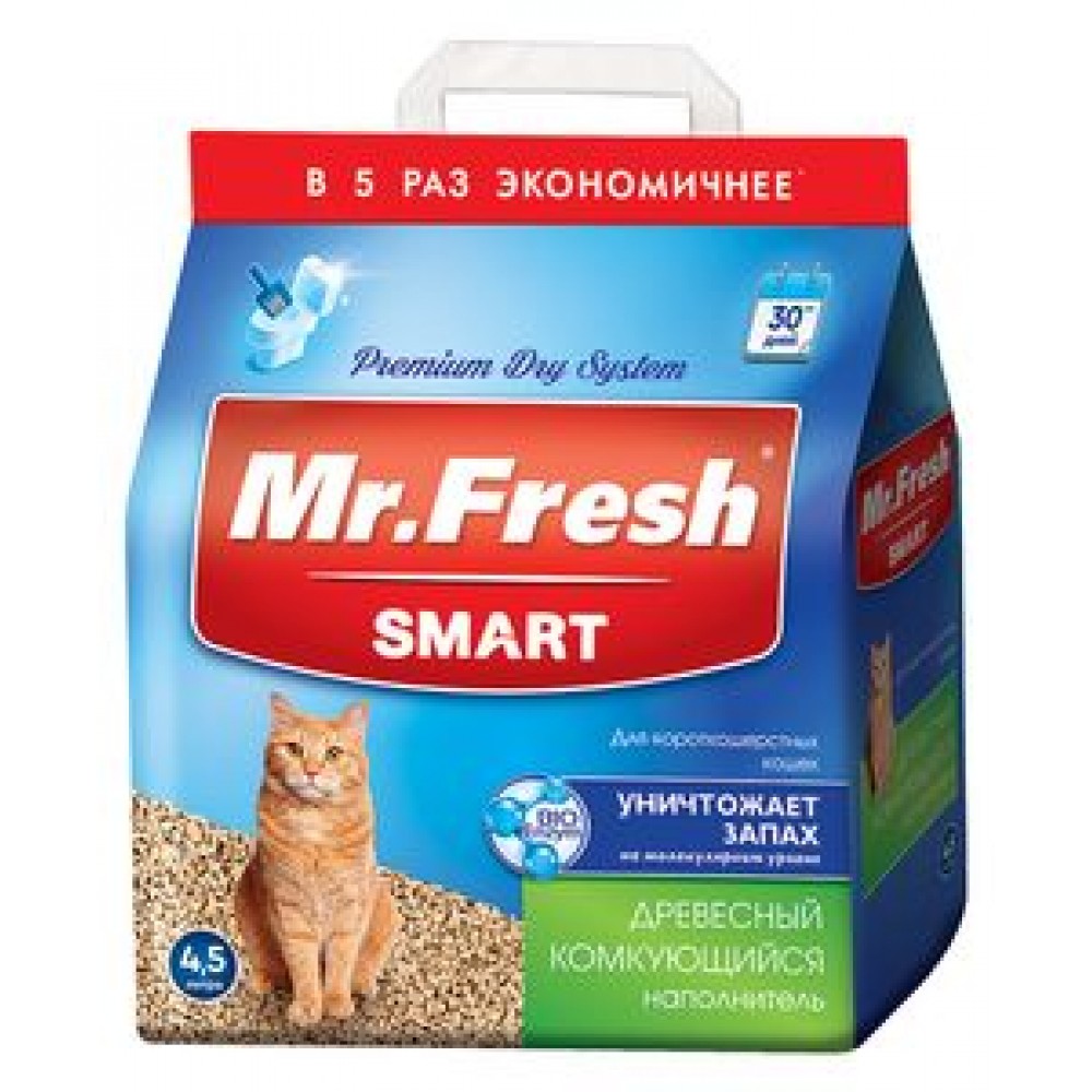 Mr. Fresh Наполнитель древесный для короткошерстных кошек 4,5 л. 2,1 кг.