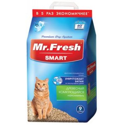 Mr. Fresh Наполнитель древесный комкующийся для короткошерстных кошек 9 л. 4,2 кг.