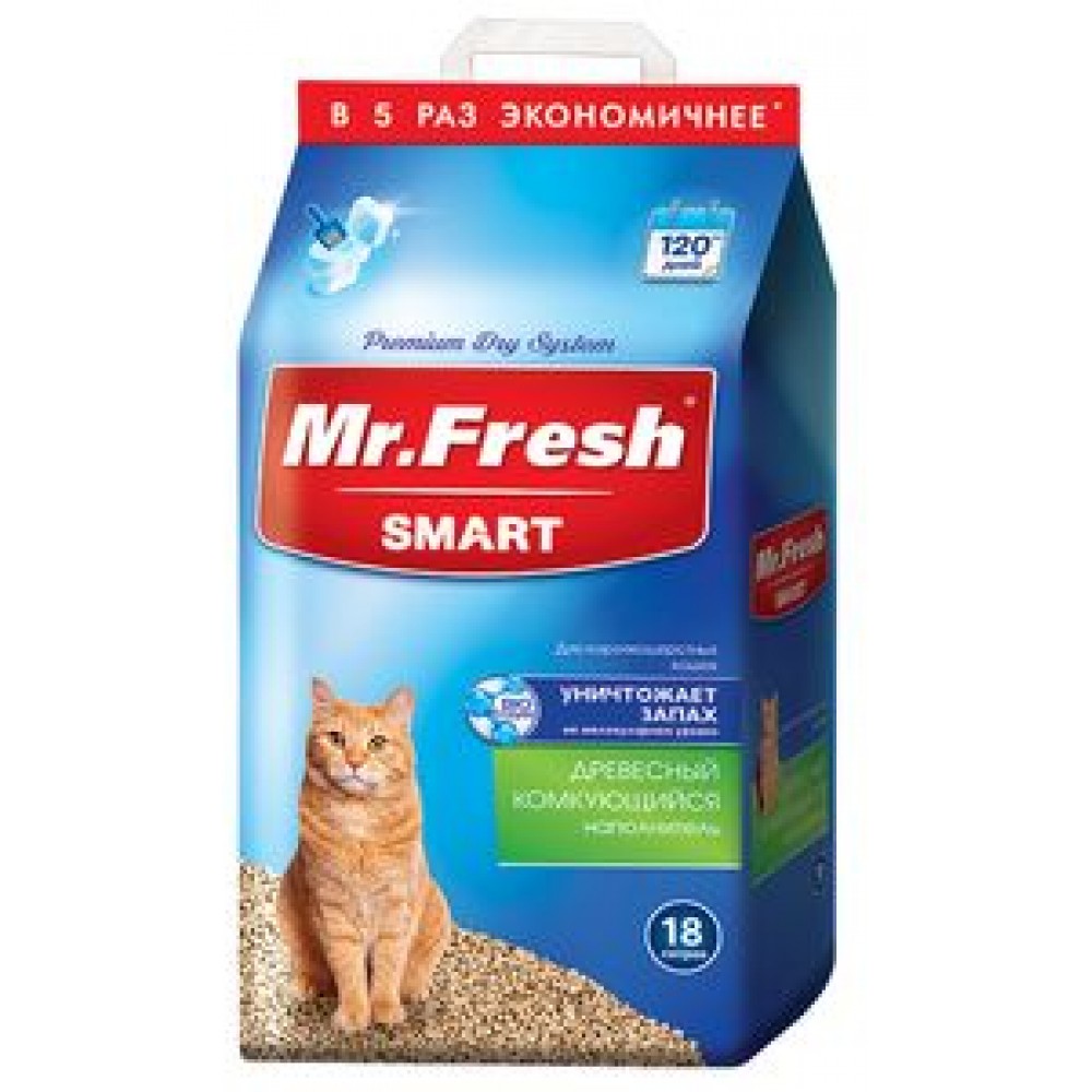 Mr. Fresh Наполнитель древесный комкующийся для короткошерстных кошек 18 л. 8,3 кг.