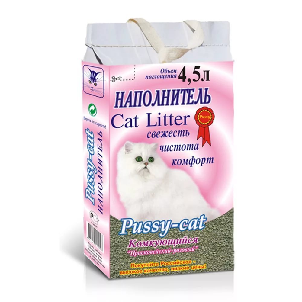 Наполнитель Pussy-Cat комкующийся глиняный розовый для кошек, 4,5 л.